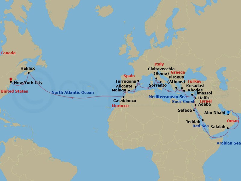 37 Night - Empires & the Empire State - Seven Seas Splendor - Starting in Abu Dhabi, Cruising the Gulf of Oman, Cruising the Arabian Sea, Salalah, Cruising the Arabian Sea, Cruising the Gulf of Aden, Cruising the Red Sea, Jeddah, Cruising the Red Sea, Luxor (Safaga), Aqaba, Suez Canal (Transit), Jerusalem (Haifa), Limassol, Rhodes, Kusadasi, Athens (Piraeus), Cruising the Mediterranean Sea, Sorrento / Capri, Rome (Civitavecchia), Cruising the Mediterranean Sea, Barcelona (Tarragona), Alicante, Malaga, Casablanca, Cruising the Atlantic Ocean, Halifax, Cruising the Atlantic Ocean, New York itinerary map