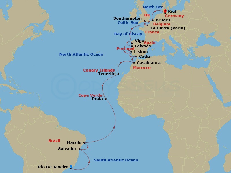 25 Night - Transatlantic from Rio De Janeiro - Costa Diadema - Starting in Rio De Janeiro, Salvador Bahia, Maceio, Praia, Santa Cruz de Tenerife, Casablanca, Cadice, Lisbon, Leixoes, Vigo, Le Havre, Southampton, Zeebrugge, Kiel itinerary map