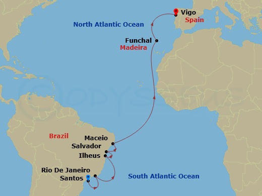 14 Night - Msc Grand Voyages - MSC Preziosa - Starting in Santos, Brazil, Rio De Janeiro, Brazil, Ilheus, Brazil, Salvador, Brazil, Maceio, Brazil, Funchal (Madeira Islands), Portugal, Vigo, Spain itinerary map