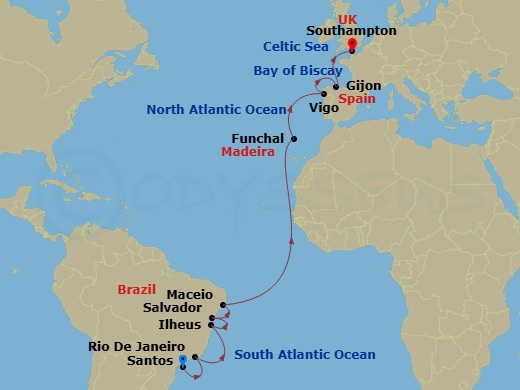 17 Night - Msc Grand Voyages - MSC Preziosa - Starting in Santos (Sao Paulo), Brazil, Rio De Janeiro, Brazil, Ilheus, Brazil, Salvador, Brazil, Maceio, Brazil, Funchal (Madeira Islands), Portugal, Vigo (Santiago De Compostela), Spain, Gijon, Spain, Southampton (London), United Kingdom itinerary map