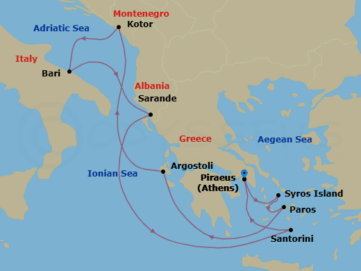 10 Night - A Journey of Whitewashed Isles & Emerald Bays - EXPLORA II - Starting in Piraeus (Athens), Syros (Syra), Paros, Argostoli, Kotor, Bari, Sarande, Santorini, Piraeus (Athens) itinerary map