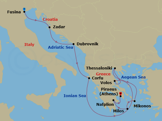 11 Night - A Journey Through Seaside Legends & Living History - EXPLORA II - Starting in Fusina (Venice), Zadar, Dubrovnik, Croatia, Corfu, Volos, Thessaloniki, Mykonos, Milos, Nafplion, Piraeus (Athens) itinerary map
