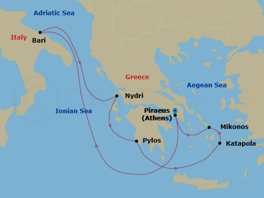 7 Night - A Journey Through Ionian Shores & Cycladic Beauty - EXPLORA II - Starting in Piraeus (Athens), Bari, Nydri, Lefkada, Pylos, Katapola, Mykonos, Piraeus (Athens) itinerary map
