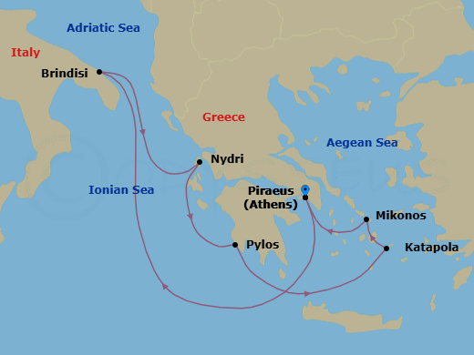 7 Night - A Journey Through Greek Isles & Hidden Shores - EXPLORA II - Starting in Piraeus (Athens), Brindisi, Nydri, Lefkada, Pylos, Katapola, Mykonos, Piraeus (Athens) itinerary map