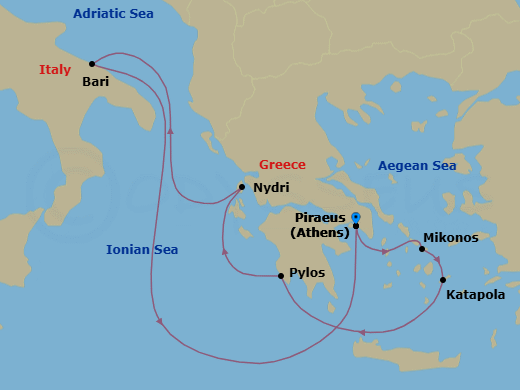 7 Night - A Journey Through Cycladic Charm & Ionian Shores - EXPLORA II - Starting in Piraeus (Athens), Mykonos, Katapola, Pylos, Nydri, Lefkada, Bari, Piraeus (Athens) itinerary map