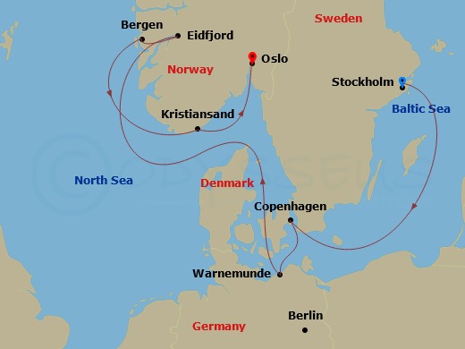 8 Night - Northern Europe - MSC Magnifica - Starting in Stockholm, Sweden, Copenhagen, Denmark, Warnemunde (Berlin), Germany, Eidfjord, Norway, Bergen, Norway, Kristiansand, Norway, Oslo, Norway itinerary map