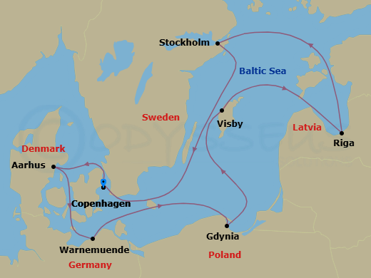 8 Night - Northern Europe - MSC Magnifica - Starting in Copenhagen, Denmark, Aarhus, Denmark, Warnemunde (Berlin), Germany, Gdynia (Gdansk), Poland, Visby, Sweden, Riga, Latvia, Stockholm, Sweden, Copenhagen, Denmark itinerary map