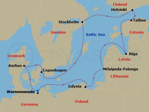 11 Night - Northern Europe - MSC Magnifica - Starting in Warnemunde (Berlin), Germany, Gdynia (Gdansk), Poland, Klaipeda, Lithuania, Riga, Latvia, Tallinn, Estonia, Helsinki, Finland, Stockholm, Sweden, Copenhagen, Denmark, Aarhus, Denmark, Warnemunde (Berlin), Germany itinerary map