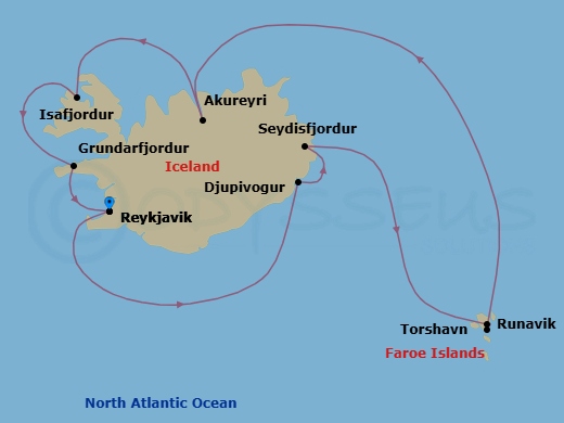 10 Night - Magical Midnight Sun - Seven Seas Grandeur - Starting in Reykjavik, Cruising the North Atlantic Ocean, Djupivogur, Seydisfjodur, Runavik, Faroe Islands, Torshavn, Faroe Islands, Cruising the North Atlantic Ocean, Akureyri, Isafjordur, Grundarfjordur, Reykjavik itinerary map