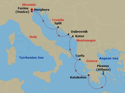 7 Night - Venice, the Adriatic & Greece - Viking Vesta - Starting in Athens (Piraeus), Katakolon (Olympia), Corfu (Kerkyra), Kotor, Dubrovnik, Croatia, Split, Venice (Marghera), Venice (Fusina) itinerary map