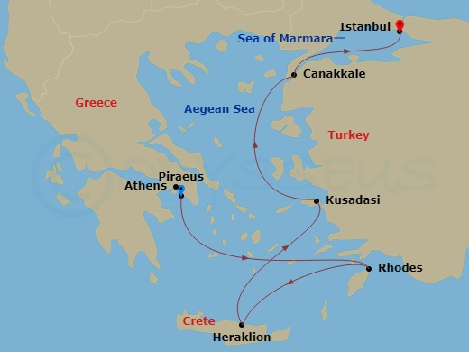 7 Night - Ancient Mediterranean Treasures - Viking Saturn - Starting in Athens (Piraeus), Rhodes, Crete (Heraklion), Ephesus (Kusadasi), Troy (Canakkale), Istanbul itinerary map