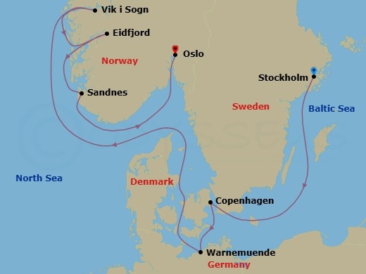 8 Night - Northern Europe - MSC Magnifica - Starting in Stockholm, Sweden, Copenhagen, Denmark, Warnemunde (Berlin), Germany, Vik I Sogn, Norway, Eidfjord, Norway, Sandnes, Norway, Oslo, Norway itinerary map