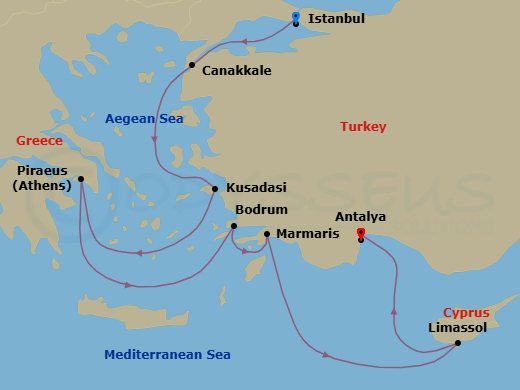 9 Night - A Journey of Easter Echoes & Luminous Coastlines - EXPLORA II - Starting in Istanbul, Canakkale, Kusadasi, Piraeus (Athens), Bodrum, Marmaris, Limassol, Antalya itinerary map