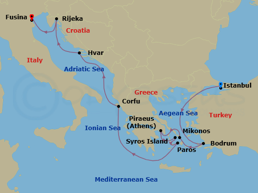11 Night - A Journey Through Coastal Gems & Spectacular Landscapes - EXPLORA II - Starting in Istanbul, Bodrum, Mykonos, Piraeus (Athens), Syros (Syra), Paros, Corfu, Hvar, Rijeka, Fusina (Venice) itinerary map