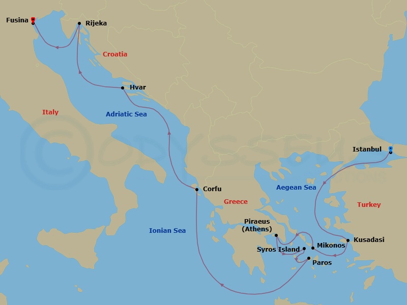 11 Night - A Journey Through Iconic Cityscapes & Mesmerising Marvels - EXPLORA II - Starting in Istanbul, Kusadasi, Mykonos, Piraeus (Athens), Syros (Syra), Paros, Corfu, Hvar, Rijeka, Fusina (Venice) itinerary map