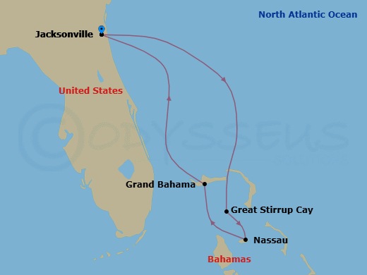 5 Night - Bahamas - Short - Norwegian Dawn - Starting in Jacksonville, Florida, Great Stirrup Cay, Bahamas, Nassau, Bahamas, Grand Bahama Island, Bahamas, Jacksonville, Florida itinerary map