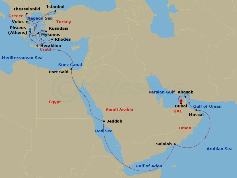 25 Night - A Grand Journey Through Ancient Myths & Enchanting Sand-Swept Splendour - EXPLORA II - Starting in Piraeus (Athens), Mykonos, Kusadasi, Rhodes, Istanbul, Volos, Thessaloniki, Piraeus (Athens), Heraklion, Crete, Port Said, Crossing the Suez Canal, Jeddah, Salalah, Muscat, Khasab, Dubai itinerary map