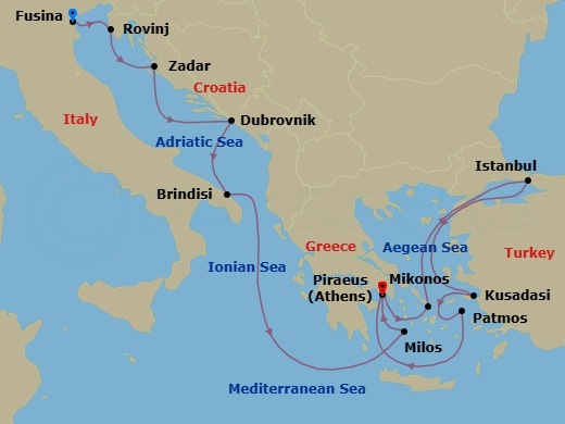 14 Night - An Extended Journey of Whispered Secrets & Coastal Treasures - EXPLORA II - Starting in Fusina (Venice), Rovinj, Zadar, Dubrovnik, Croatia, Brindisi, Milos, Piraeus (Athens), Mykonos, Istanbul, Kusadasi, Patmos, Piraeus (Athens) itinerary map