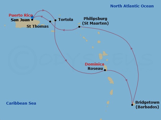 7 Night - Southern Caribbean - San Juan - Norwegian Prima - Starting in San Juan, Pr, Tortola, British Virgin Islands, Roseau, Dominica, Bridgetown, Barbados, Philipsburg, St Maarten, Netherland Antilles, St Thomas, Vi, San Juan, Pr itinerary map
