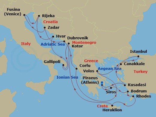 21 Night - An Extended Journey of Myth, Majesty & Coastal Wonder - EXPLORA II - Starting in Piraeus (Athens), Syros (Syra), Bodrum, Rhodes, Heraklion, Crete, Kotor, Gallipoli, Hvar, Rijeka, Fusina (Venice), Zadar, Dubrovnik, Croatia, Corfu, Volos, Istanbul, Canakkale, Kusadasi, Piraeus (Athens) itinerary map