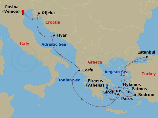14 Night - An Extended Journey of Island Dreams & Shimmering Shores - EXPLORA II - Starting in Piraeus (Athens), Patmos, Istanbul, Bodrum, Mykonos, Piraeus (Athens), Syros (Syra), Paros, Corfu, Hvar, Rijeka, Fusina (Venice) itinerary map