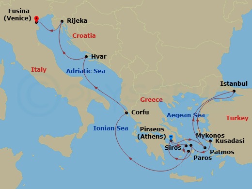 14 Night - An Extended Journey of Captivating Coastlines & Historic Wonders - EXPLORA II - Starting in Piraeus (Athens), Patmos, Istanbul, Kusadasi, Mykonos, Piraeus (Athens), Syros (Syra), Paros, Corfu, Hvar, Rijeka, Fusina (Venice) itinerary map