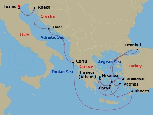 14 Night - An Extended Journey Through Aegean Legends & Adriatic Shores - EXPLORA II - Starting in Piraeus (Athens), Mykonos, Istanbul, Kusadasi, Patmos, Piraeus (Athens), Paros, Rhodes, Corfu, Hvar, Rijeka, Fusina (Venice) itinerary map