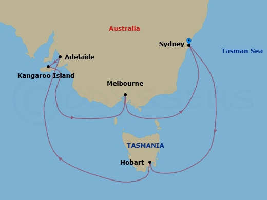 14 Night - Sydney City Highlights Pre Cruisetour - Norwegian Spirit Tours - Starting in At Hotel, Sydney AU, Hobart, Australia, Adelaide, Australia, Kangaroo Island, Australia, Melbourne, Australia, Sydney AU itinerary map