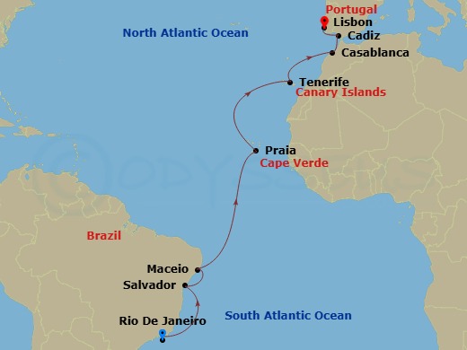 16 Night - Transatlantic from Rio De Janeiro - Costa Diadema - Starting in Rio De Janeiro, Salvador Bahia, Maceio, Praia, Santa Cruz de Tenerife, Casablanca, Cadice, Lisbon itinerary map