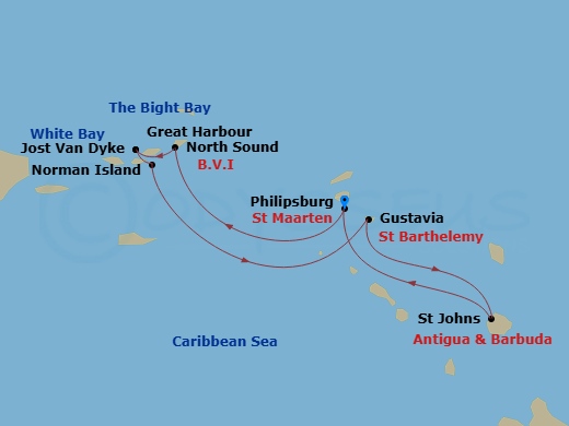 8 Night - A Tall Ship's Dream Destination - Sea Cloud Spirit - Starting in Philipsburg, North Sound / Virgin Gorda, Sail Through the Sir Francis Drake Channel, White Bay, Jost Van Dyke, Great Harbour / Jost Van Dyke, The Bight Bay / Norman Island, Gustavia, St Johns AG, Antigua, Philipsburg itinerary map