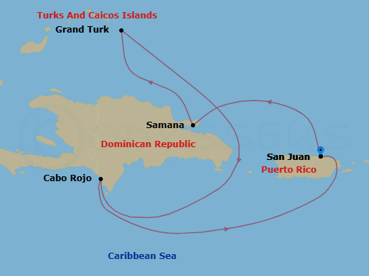 7 Night - Sisters at Sea - Valiant Lady - Starting in San Juan, Puerto Rico, Samana, Dominican Republic, Grand Turk, Turks and Caicos, Cabo Rojo, Dominican Republic, San Juan, Puerto Rico itinerary map