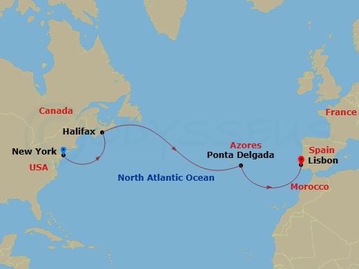 10 Night - MSC Grand Voyages - MSC Meraviglia - Starting in New York City (Brooklyn), New York, Halifax, Canada, Ponta Delgada (Azores), Portugal, Lisbon (Cascais), Portugal itinerary map