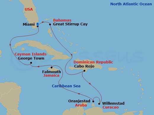 10 Night - Southern Caribbean - Miami - Norwegian Jewel - Starting in Miami, Fl, Great Stirrup Cay, Bahamas, Cabo Rojo, Dominican Republic, Willemstad AN, Netherlands Antilles, Oranjestad, Aruba, Falmouth, Jamaica, George Town, Cayman Islands, Miami, Fl itinerary map