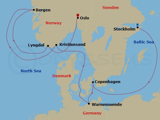 8 Night - Northern Europe - MSC Magnifica - Starting in Stockholm, Sweden, Copenhagen, Denmark, Warnemunde (Berlin), Germany, Kristiansand, Norway, Bergen, Norway, Lyngdal, Norway, Oslo, Norway itinerary map