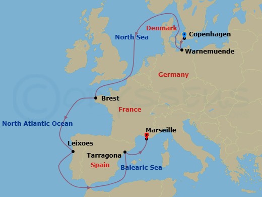 10 Night - Northern Europe - MSC Magnifica - Starting in Copenhagen, Denmark, Warnemunde (Berlin), Germany, Brest, France, Leixoes (Porto), Portugal, Tarragona, Spain, Marseille (Provence), France itinerary map