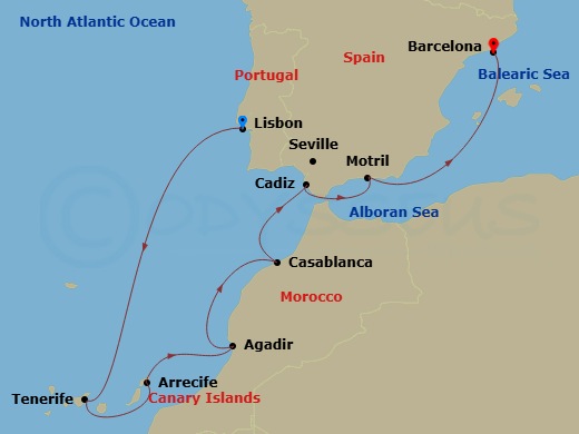 9 Night - Canary Islands / Morocco - Norwegian Star - Starting in Lisbon, Portugal, Santa Cruz de Tenerife, Arrecife, Spain, Agadir, Morocco, Casablanca, Morocco, Cadiz / Seville, Spain, Motril, Spain, Barcelona, Spain itinerary map