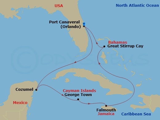 7 Night - Western Caribbean - Port Canaveral - Norwegian Epic - Starting in Orlando Beaches / Port Canaveral, Fl, Cozumel, Mexico, George Town, Cayman Islands, Falmouth, Jamaica, Great Stirrup Cay, Bahamas, Orlando Beaches / Port Canaveral, Fl itinerary map