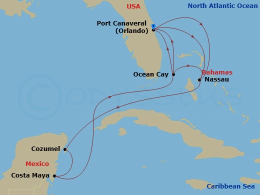 11 Night - Caribbean and Antilles - MSC Seashore - Starting in Port Canaveral (Orlando), Florida, Nassau, Bahamas, Cozumel, Mexico, Costa Maya, Mexico, Ocean Cay Msc Marine Reserve, Bahamas, Port Canaveral (Orlando), Florida, Nassau, Bahamas, Ocean Cay Msc Marine Reserve, Bahamas, Port Canaveral (Orlando), Florida itinerary map