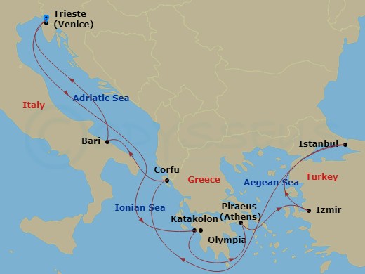 9 Night - Mediterranean - MSC Fantasia - Starting in Trieste (Venice), Italy, Katakolon (Olympia), Greece, Piraeus (Athens), Greece, Izmir (Ephesus), Turkey, Istanbul, Turkey, Corfu, Greece, Bari, Italy, Trieste (Venice), Italy itinerary map