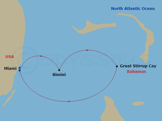 3 Night - Bahamas - Short - Norwegian Joy - Starting in Miami, Fl, Bimini, Bahamas, Great Stirrup Cay, Bahamas, Miami, Fl itinerary map