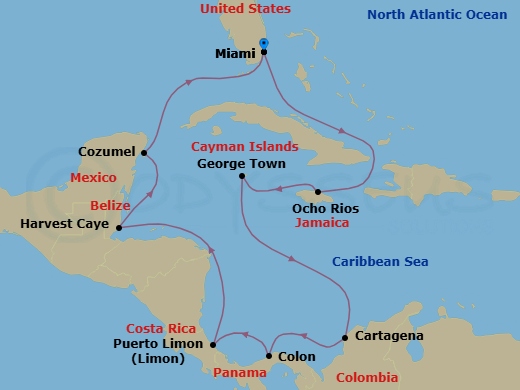 12 Night - Panama Canal - Miami - Norwegian Sun - Starting in Miami, Fl, Ocho Rios, Jamaica, George Town, Cayman Islands, Cartagena CO, Panama Canal Gatun Lake, Panama, Colon, Panama, Puerto Limon, Costa Rica, Harvest Caye, Belize, Cozumel, Mexico, Miami, Fl itinerary map