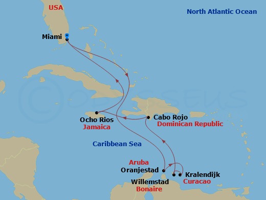 10 Night - Caribbean and Antilles - MSC Poesia - Starting in Miami, Florida, Oranjestad, Aruba, Kralendijk, Bonaire, Willemstad AN, Cabo Rojo, Dominican Republic, Ocho Rios, Jamaica, Miami, Florida itinerary map