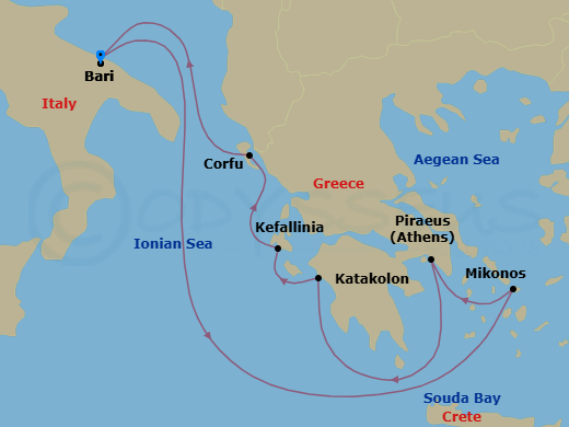 7 Night - Mediterranean - MSC Orchestra - Starting in Bari, Italy, Mykonos, Greece, Piraeus (Athens), Greece, Katakolon (Olympia), Greece, Cephalonia / Argostoli, Greece, Corfu, Greece, Bari, Italy itinerary map
