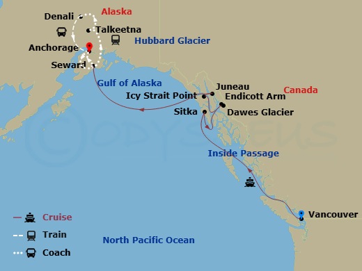 10 Night - Authentic Tastes of Alaska Ct9a - Celebrity Solstice Tours - Starting in Vancouver, British Columbia, Inside Passage (Cruising), Sitka, Alaska, Endicott Arm and Dawes Glacier, Icy Strait Point, Alaska, Juneau, Alaska, Hubbard Glacier (Cruising), Seward, Alaska, Anchorage, Alaska, Seward, Alaska, Talkeetna, Alaska, Denali, Alaska, Anchorage, Alaska itinerary map