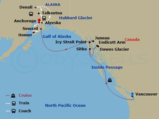 13 Night - Homer Discovery and Heartland Ct10a - Celebrity Solstice Tours - Starting in Vancouver, British Columbia, Inside Passage (Cruising), Sitka, Alaska, Endicott Arm and Dawes Glacier, Icy Strait Point, Alaska, Juneau, Alaska, Hubbard Glacier (Cruising), Seward, Alaska, Homer, Alaska, Alyeska (Girdwood), Alaska, Denali, Alaska, Talkeetna, Alaska, Anchorage, Alaska itinerary map