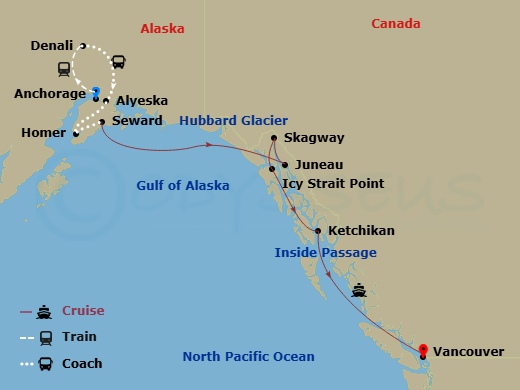 13 Night - Homer Discovery & Heartland Ct # 10B - Celebrity Solstice Tours - Starting in Anchorage, Alaska, Denali, Alaska, Alyeska (Girdwood), Alaska, Homer, Alaska, Alyeska (Girdwood), Alaska, Homer, Alaska, Seward, Alaska, Hubbard Glacier (Cruising), Juneau, Alaska, Skagway, Alaska, Icy Strait Point, Alaska, Ketchikan, Alaska, Inside Passage (Cruising), Vancouver, British Columbia itinerary map