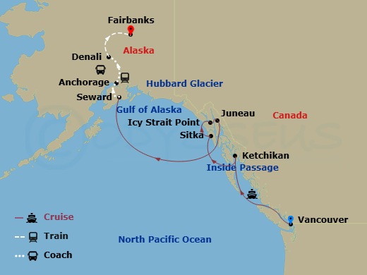 11 Night - Majestic Tundra Explorer Ct4a - Celebrity Solstice Tours - Starting in Vancouver, British Columbia, Inside Passage (Cruising), Ketchikan (Ward Cove), Alaska, Sitka, Alaska, Icy Strait Point, Alaska, Juneau, Alaska, Hubbard Glacier (Cruising), Seward, Alaska, Anchorage, Alaska, Denali, Alaska, Fairbanks, Alaska itinerary map