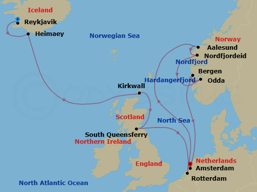 14 Night - Celtic Origins & Norway Fjords - Rotterdam - Starting in Reykjavik, Iceland, Heimaey, Westman Islands, Iceland, Kirkwall, Scotland, United Kingdom, South Queensferry (Edinburgh), Scotland, United Kingdom, Rotterdam, the Netherlands, Alesund, Norway, Nordfjordeid, Norway, Scenic Cruising Nordfjord, Scenic cruising Hardangerfjord, Odda, Norway, Bergen, Norway, Amsterdam, the Netherlands itinerary map