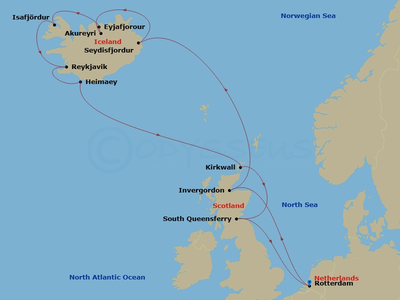 14 Night - Iceland Fjords & Celtic Origins - Rotterdam - Starting in Rotterdam, the Netherlands, Invergordon (Inverness), Scotland, United Kingdom, Seydisfjordur, Iceland, Scenic cruising Seydisfjordur, Akureyri, Iceland, Scenic cruising Eyjafjordur, Isafjordur, Iceland, Scenic Cruising Isafjardurdjur, Reykjavik, Iceland, Heimaey, Westman Islands, Iceland, Kirkwall, Scotland, United Kingdom, South Queensferry (Edinburgh), Scotland, United Kingdom, Rotterdam, the Netherlands itinerary map