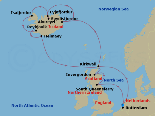 14 Night - Iceland Fjords & Celtic Origins - Rotterdam - Starting in Rotterdam, the Netherlands, Kirkwall, Scotland, United Kingdom, Seydisfjordur, Iceland, Scenic cruising Seydisfjordur, Akureyri, Iceland, Scenic cruising Eyjafjordur, Isafjordur, Iceland, Scenic Cruising Isafjardurdjur, Reykjavik, Iceland, Heimaey, Westman Islands, Iceland, Invergordon (Inverness), Scotland, United Kingdom, South Queensferry (Edinburgh), Scotland, United Kingdom, Rotterdam, the Netherlands itinerary map